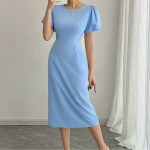 NWOT Elegant Blue Puff Sleeve Dress